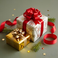 Festive gifts wrapped in gold and white with ribbons and stars
