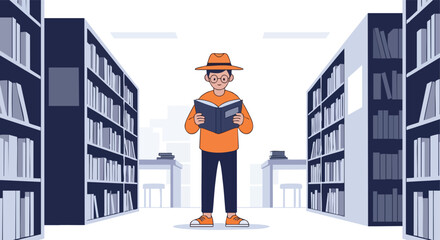 A man wearing a hat and glasses stands reading a book between two tall library bookshelves.