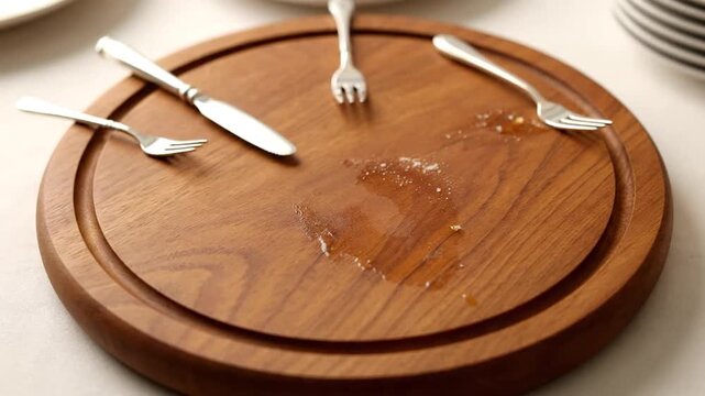 A round, wooden platter with scattered food remnants and silverware after a meal