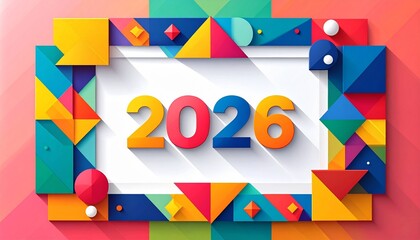 Bold 2026 typography on colorful polygon background for modern New Year celebration design.