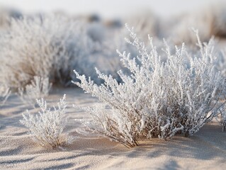 Multiple tall, slender frost-laden shrub branches stand in sharp focus in the foreground against an out-of-focus background of similar vegetation and sandy ground, emphasizing the delicate textures