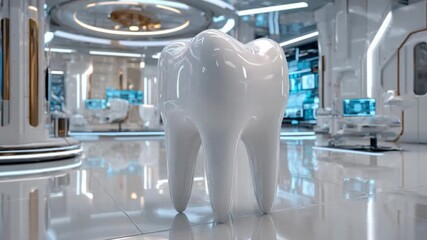 Futuristic Dental Hub: A colossal, pristine tooth stands as a central figure within a high-tech dental clinic, its immaculate form set against the backdrop of sleek.