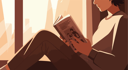 A person is engrossed in a book, sitting by a window bathed in warm, golden afternoon sunlight.