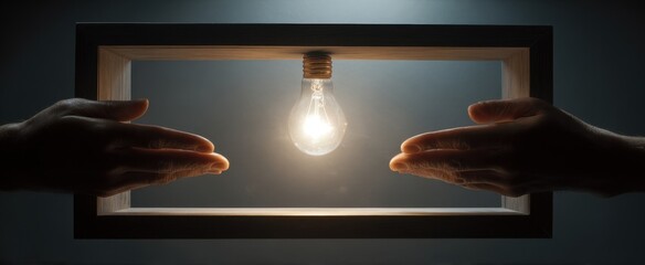 Illuminated creativity concept with hands framing a light bulb in dark,Commitment Day