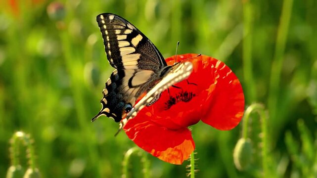 Macro shot of a vibrant blue morpho butterfly gracefully unfurling its iridescent wings on a dew kissed tropical leaf, showcasing intricate patterns and textures.