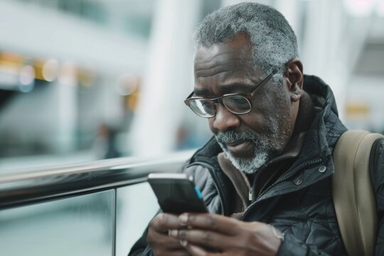 Senior man using smartphone while waiting at the airport