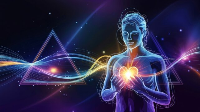 a human figure
surrounded by luminous energy lines representing consciousness and frequency. The figure’s heart and mind radiate synchronized golden-blue light