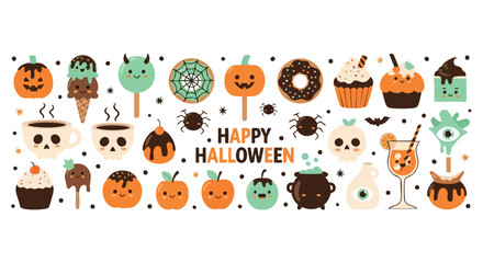 Fototapeta premium Celebrate Halloween with these cute and spooky treats including pumpkins, spiders, skulls, and more, perfect for themed parties and festive fun