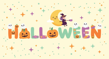 Fototapeta premium Celebrate Halloween with spooky ghosts, smiling moon, and a cute witch flying across the sky on her broom with colorful stars and candy decorations