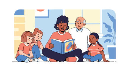 A smiling woman reads a storybook aloud to a diverse group of children and an elderly man.