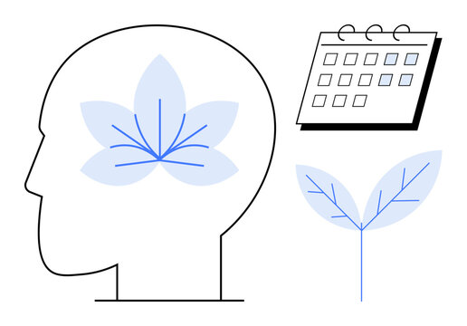 Profile with blooming flower in mind, calendar, and leaves representing growth, mindfulness, and balance. Ideal for wellness, productivity, mental health, self-care mindfulness nature connection - Powered by Adobe