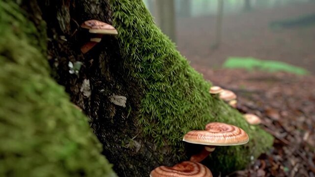 Wild ganoderma reishi growing on a moss-covered tree in a misty forest, earthy tones with soft morning haze, gentle tilt revealing natural fungi in their habitat.