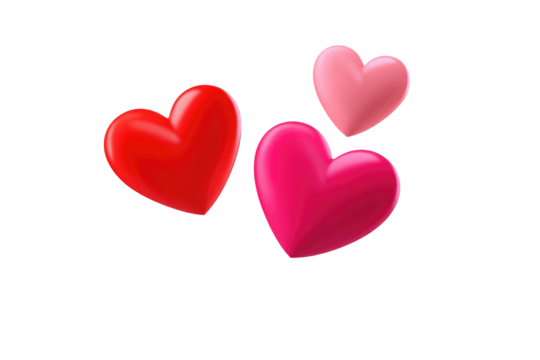 Three glossy hearts in shades of red and pink,  floating against a black background.  Hearts appear 3D, with highlighted contours