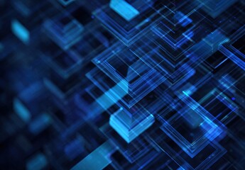 Abstract digital blue geometric shapes and lines with depth and bokeh