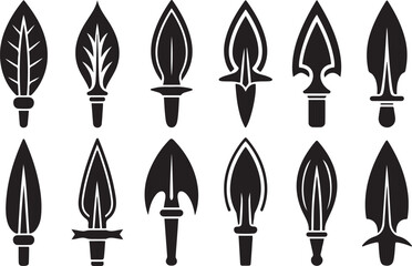 Set of vintage spearhead designs engraved weapon tips collection. Vector Black silhouettes. with white background