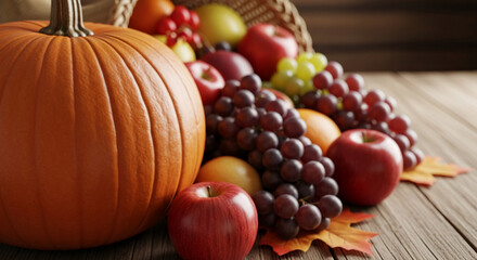 Close-up of a pumpkin and fruit arrangement spilling from woven cornucopia basket on wooden surface, representing autumn, harvest, and abundance