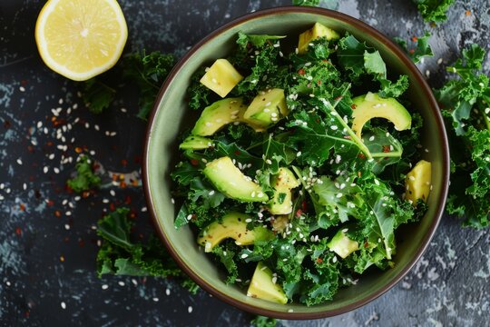 Fresh kale salad with avocado and lemon slices