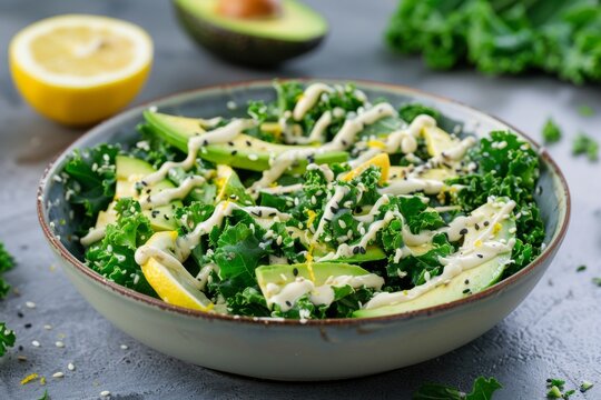 Fresh kale salad with avocado and lemon dressing