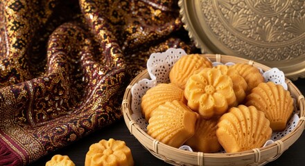 Fototapeta premium Spongy Bruneian Kuih Bahulu – Golden Mini Sponge Cakes in Woven Basket with Royal Textile & Brass Tray, Festive Celebration Light 