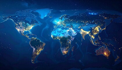 Digital world map with global connections, city lights, and sustainable energy for New Year 2026.