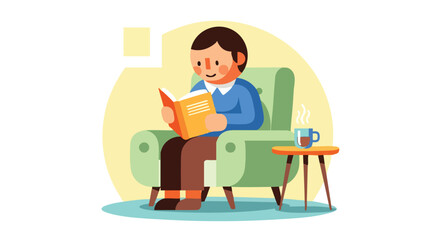 A happy man relaxing in a green armchair and reading a book with a hot drink nearby.