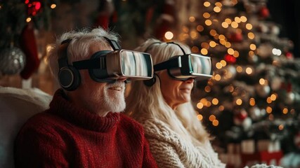 Elderly couple sitting in a cozy living room on Christmas Eve, smiling as they share a joyful virtual reality adventure with a festive tree and twinkling lights nearby - Powered by Adobe