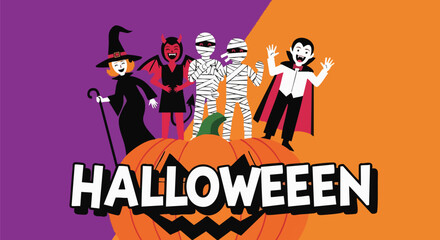 Spooky Halloween party invitation featuring a witch, devil, mummies, and Dracula standing atop a jack-o'-lantern against vibrant purple and orange backdrop