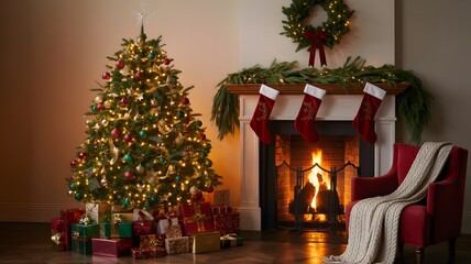 Cozy Christmas living room with decorated tree and fireplace scene