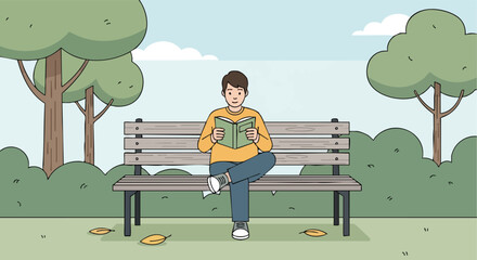 A young man enjoys peaceful outdoor reading on a wooden park bench on a pleasant day.