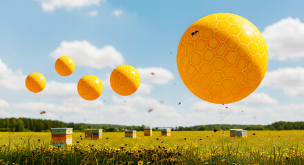 Golden honeycomb spheres float above a summer field with dandelions and beehives, symbolizing nature's sweet abundance and diligent beekeeping