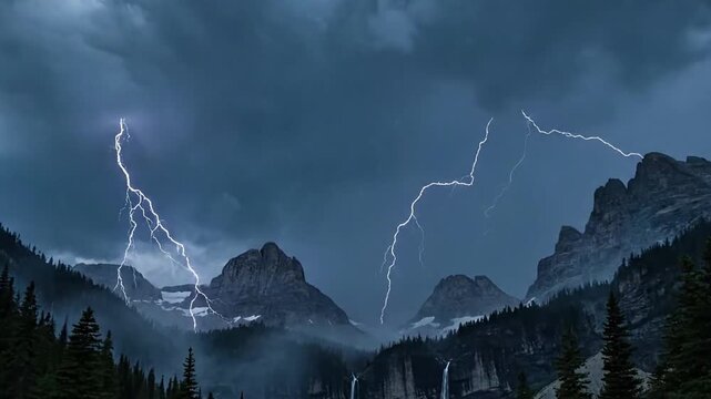 Capturing the raw power and unpredictable beauty of a lightning strike illuminating a vast, untouched wilderness landscape at the peak of a severe storm.