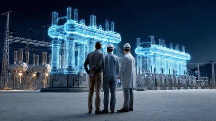 Power Grid Vision: Engineers observe a holographic representation of a power grid, symbolizing technological advancement and efficient energy distribution. 