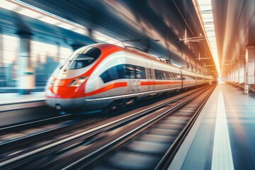 High-speed train moving through a modern station