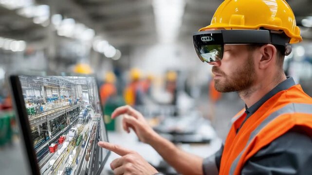 Tech-Enhanced Efficiency: An industrial worker, equipped with a heads-up display and safety gear, interacts with a digital interface, optimizing workflow