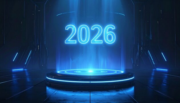 Sci-fi platform with glowing 2026 digits and blue neon lights in futuristic celebration scene.