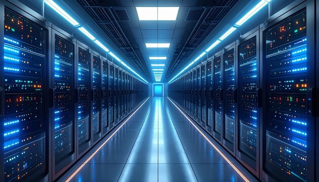 Modern data center with illuminated server racks and reflective corridor for New Year 2026.