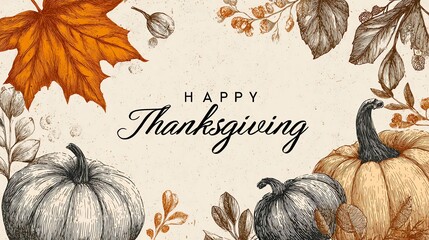 Vintage Thanksgiving illustration with pumpkins, maple leaf, hand - drawn style, fall harvest, autumn gratitude, festive decor, traditional holiday, pumpkin illustration, maple leaf art