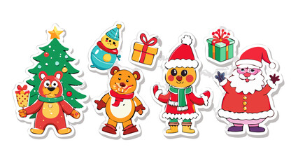 Fototapeta premium Groovy 70s Christmas sticker set. Trendy retro cartoon style. Comic cartoon characters and elements. Christmas tree, bear, snowman, gingerbread, gift .icon