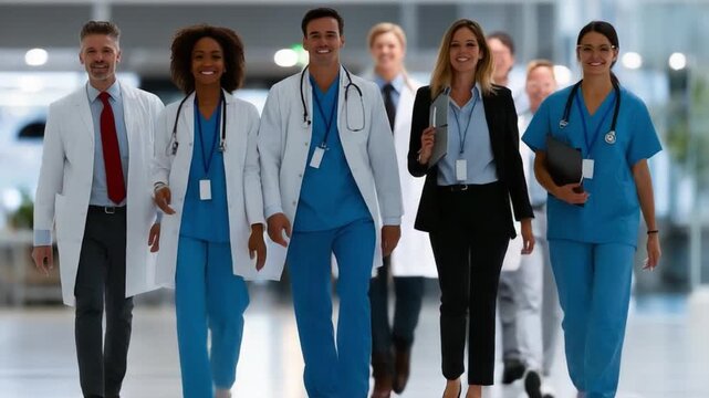 Medical Team on the Move: A determined team of healthcare professionals strides confidently, symbolizing expertise, dedication, and a commitment to health and wellness.