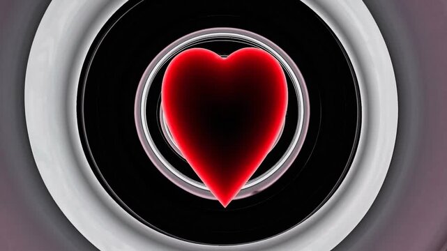 Abstract animation featuring a vibrant red heart thumping and pulsating in a captivating tunnel made up of alternating white and black rings, producing a hypnotic visual experience