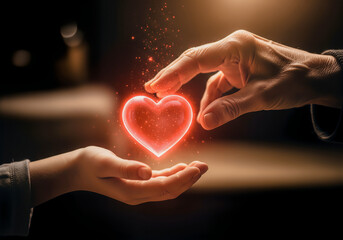 Grandparent hand giving glowing red heart shape to grandchild hand symbolizing unconditional love and health care support charity concept