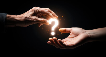 Elderly hand giving glowing question mark symbol to young hand representing curiosity learning and asking for advice mentor concept