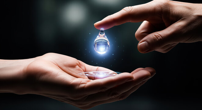 Old hand pouring glowing water drop into young palm representing clean water scarcity and natural resource preservation for future