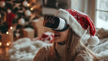 Cheerful woman in a Santa hat enjoys an immersive VR winter wonderland with a decorated Christmas tree and gentle snowfall, smiling as festive digital magic unfolds