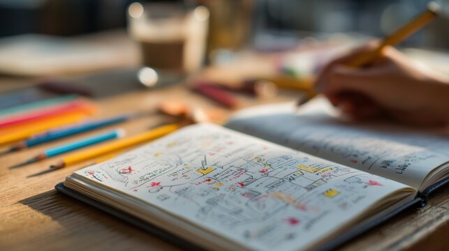 Creative brainstorming session with doodles and notes in a cozy coffee shop setting,Commitment Day