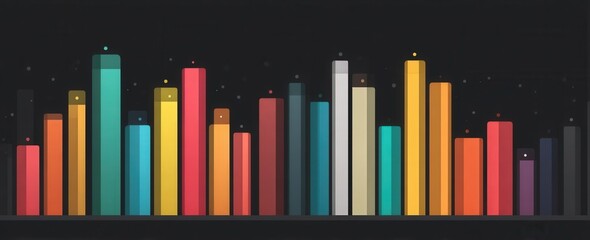 Colorful bar chart with varying heights and small dots on top against dark background