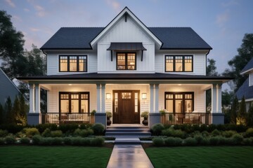 Beautiful modern house exterior with warm lighting at dusk