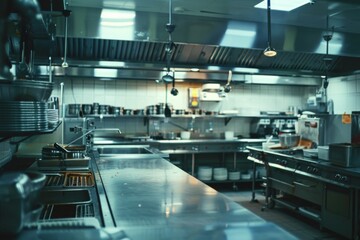 Modern kitchen interior with stainless steel surfaces and organized equipment