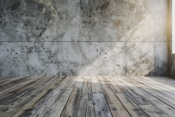 Empty room with wooden floor and concrete walls