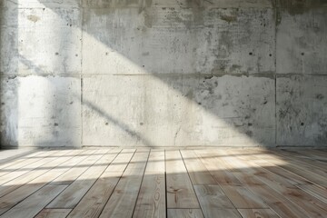 Empty room with wooden floor and concrete walls